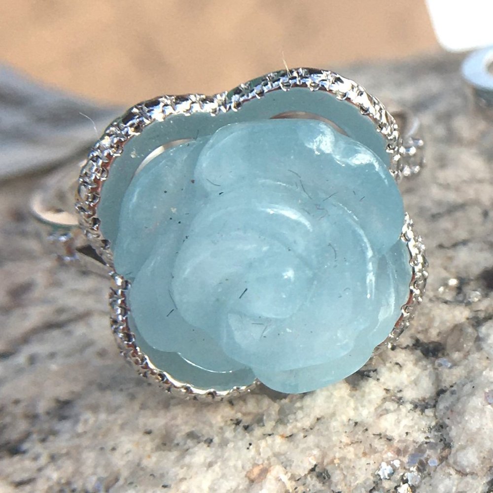 Natural Aquamarine Carved Flower Ring .925 Genuine Gemstone March Birthstone